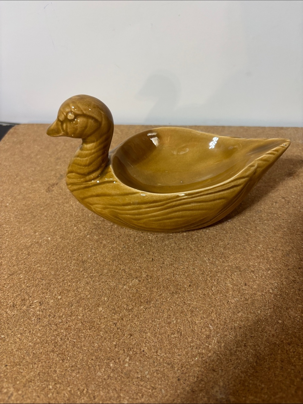 Ceramic Duck Bird Dish in Mustard Yellow Coins Rings 6”